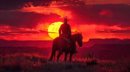 red sunset cowboy silhouette horse in desert and sun nature landscape sunrise