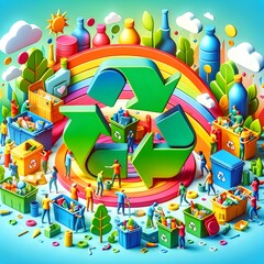 Naklejka premium Colorful Recycling Scene with Diverse People and Eco Symbols