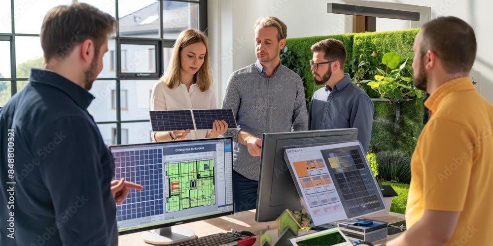 Aufkleber Foster collaboration in a sustainable office using digital design tools to enhance efficiency and innovation. Create a modern, ecofriendly workspace for a productive team environment