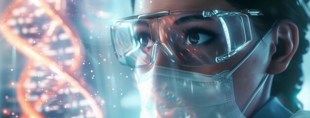 Female scientist in protective glasses and mask working with DNA double helix hologram.