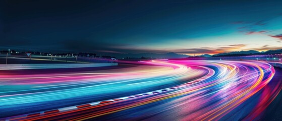 Illuminated night race track, vibrant light trails highlighting the speed and excitement, dynamic and energetic atmosphere
