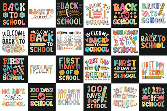 Kids Typography Design Bundle, Back to School Lettering, 100 days of school, First day of School, Colorful Groovy Lettering for Kids, Playful Groovy School Letters for Kids, Kindergarten typography