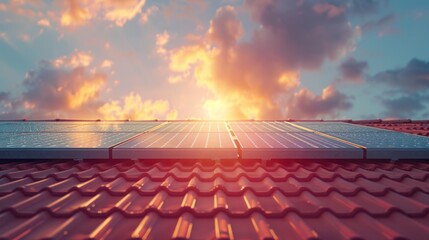Fototapeta premium An energy video background featuring solar energy. An animated video background featuring solar panels on a red roof gleams under a bright sun, perfect for promoting renewable energy sources