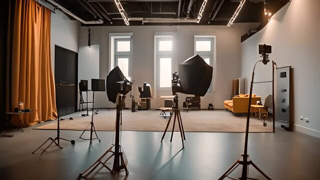 Modern Studio With Lighting Equipment and Large Windows Generative AI