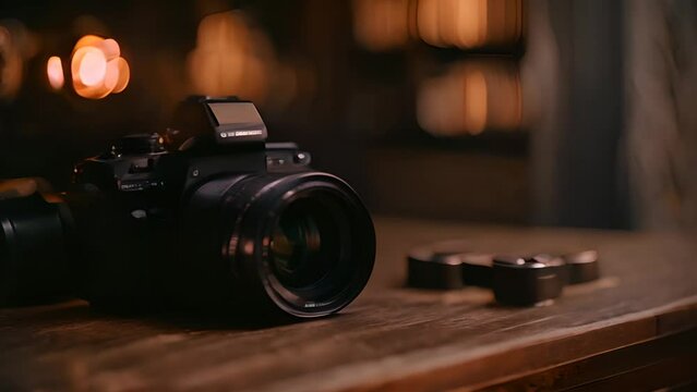 Black DSLR Camera on Wooden Table Generative AI