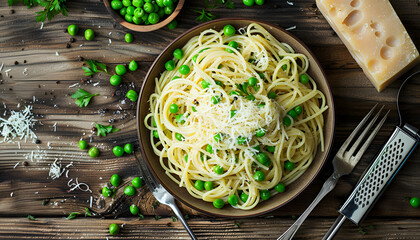 Delicious pasta with green peas, cheese, grater and fork on wooden table, top view