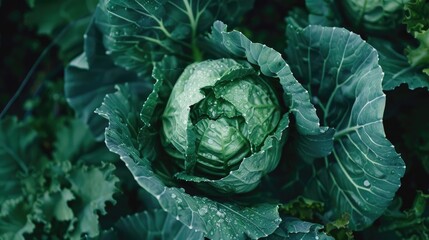 Obraz premium Organic green cabbage in a garden up close