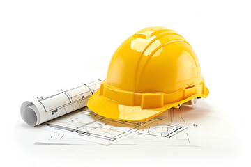 Yellow Hard Hat with Architectural Blueprints