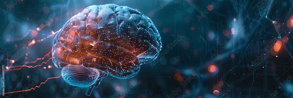 Leinwandbilder An abstract visualization of a human brain integrated with digital elements and neural networks, symbolizing the fusion of human intelligence and artificial intelligence. Generative AI