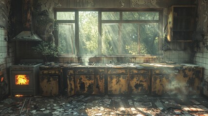 Abandoned Kitchen Interior with Decaying Cabinets and Overgrown Window, Sunlight Streaming Through Glass, Post-Apocalyptic Vibe and Burned Stoveabandoned