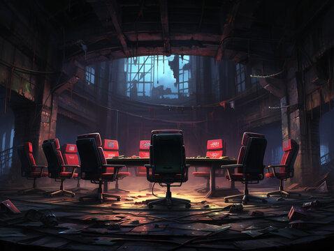 A somber esports gathering with players sitting quietly, empty screens, and a blue hue, Digital Art, Melancholic.