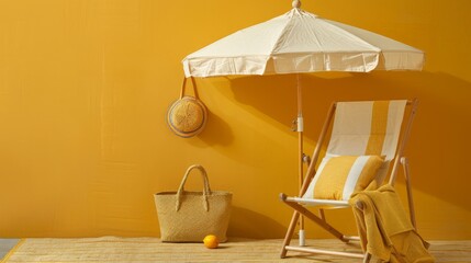 beach chair paired with a matching umbrella and beach tote, arranged in a picturesque setup,