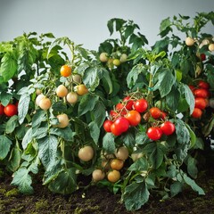 Fragrant ripe tomato fruits on a lush plantation of bushes