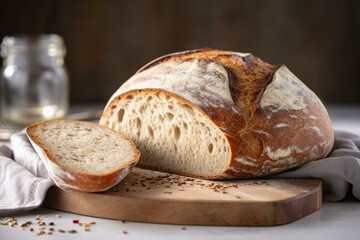 Naklejka premium Freshly baked bread and wheat on tabletop, continental breakfast, supermarket promotional image, organic food, bakery background