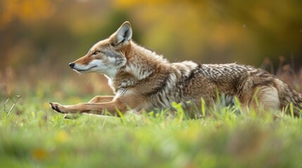 Fototapeta premium A coyote extends its body in a grassy field its front legs touching the ground and its hindquarters lifted resembling a yoga pose