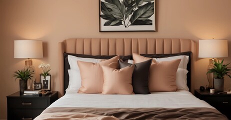 King-size Luxury: A Glamorous Bedroom with Peach Walls, Shimmering Black Accents, and a Touch of Tropical Charm. close up