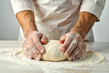 Fototapeta premium Close-up of a baker kneading dough with flour on a wooden surface.