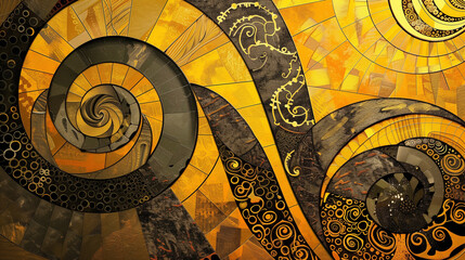 The patterns are complex, even unreal, full of spiral lines in intense shades of yellow and golden brown. The transition from light to deep tones creates the impression of depth and movement.