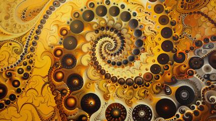 The patterns are complex, even unreal, full of spiral lines in intense shades of yellow and golden brown. The transition from light to deep tones creates the impression of depth and movement.