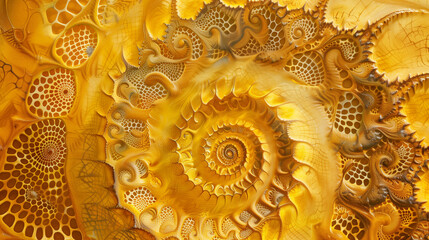 The patterns are complex, even unreal, full of spiral lines in intense shades of yellow and golden...