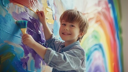 portrait of a happy Caucasian school-age boy paints a bright rainbow with paints and a brush on the wall. fun children's art on the walls