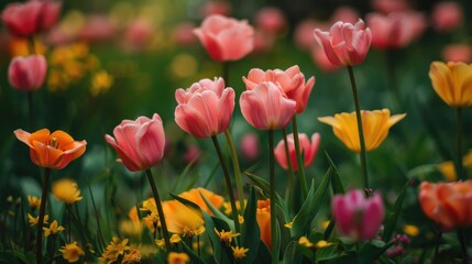 Obraz premium Field of bright pink and yellow tulips in the spring