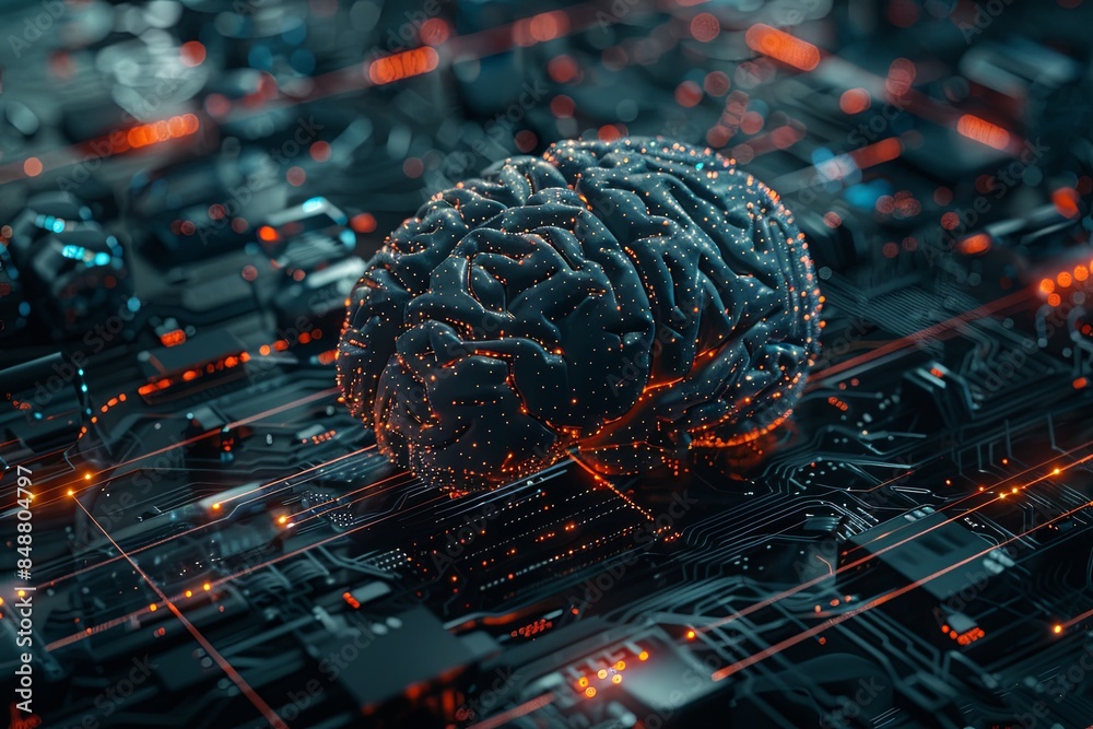 Leinwandbilder a stylized 3d rendering of a human brain integrated with digital elements and neural networks, depic