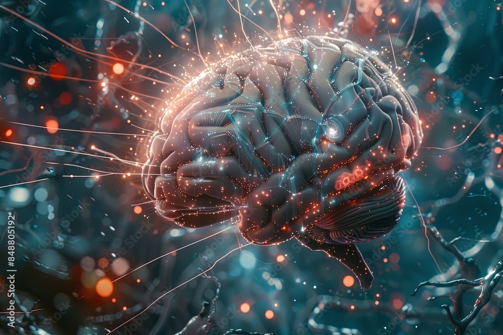 Fototapete a futuristic abstract illustration of a human brain intertwined with digital elements and neural net