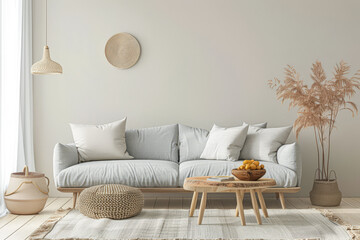 Obraz premium Minimalist peach living room interiors composition with minimal furniture, natural window lighting and ample copy space. Interior design home decor composition.