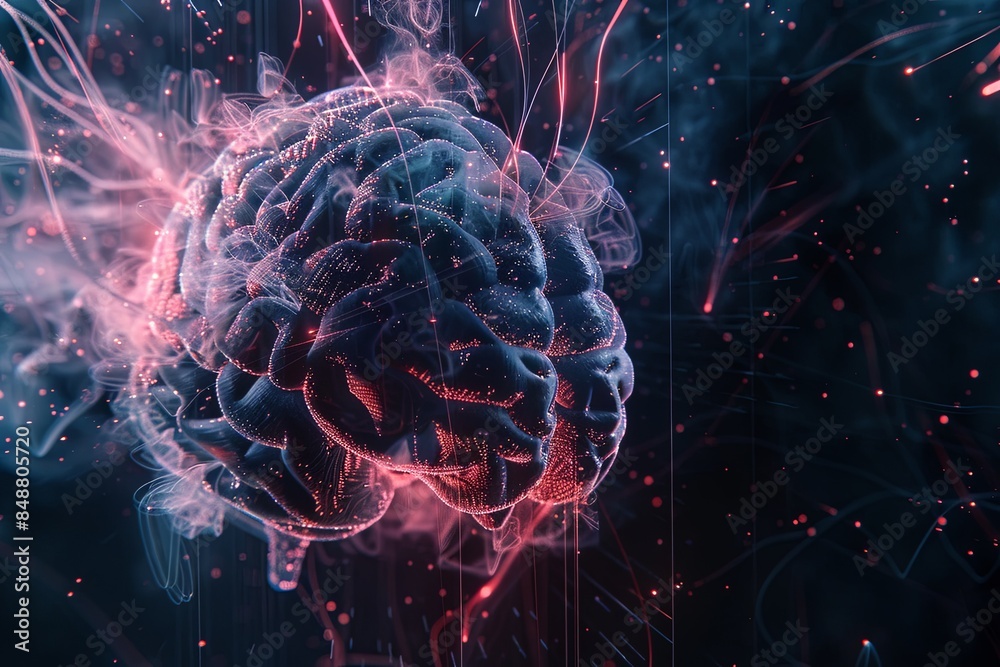 Leinwandbilder an abstract visualization of a human brain integrated with digital elements and neural networks, sym