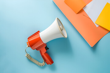 Red Megaphone with Colorful Papers on Blue Background