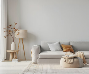 Minimalist peach living room interiors composition with minimal furniture, natural window lighting and ample copy space. Interior design home decor composition.