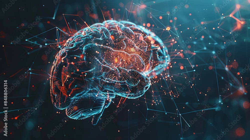 Aufkleber Abstract visualization of a human brain merging with digital elements and neural networks, representing the convergence of human intellect and artificial intelligence. Generative AI