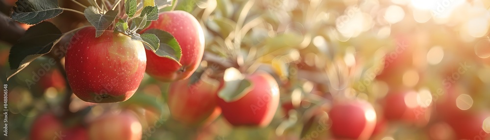 Wall mural close up of ripe apples hanging on branches in lush apple orchard