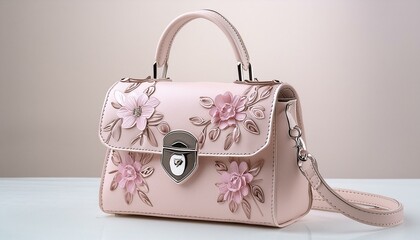 A delicate, pastel pink handbag with detailed floral embroidery and a silver clasp, against 