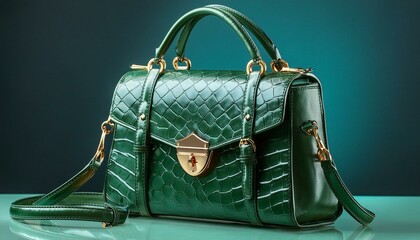 A high-end, emerald green handbag made from crocodile leather with gold hardware, placed on 