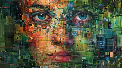 Fototapeta premium A mosaic portrait of a woman's face created from Tech data mosaic