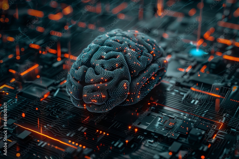 Poster An abstract visualization of a human brain integrated with digital elements and neural networks, symbolizing the fusion of human intelligence and artificial intelligence. Generative AI