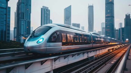 Fototapeta premium A futuristic high-speed train zooming along elevated tracks, with city skyscrapers in the background