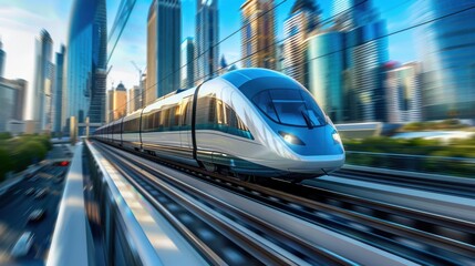 A futuristic high-speed train zooming along elevated tracks, with city skyscrapers in the background