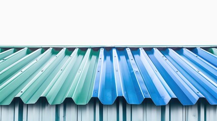 Fototapeta premium Isolated metal sheet profile for steel roofing panel construction with white background blue and green galvanized color frame