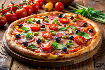 Close-Up of Freshly Baked Pizza with Tomatoes, Olives, Ham, and Basil Leaves on a Wooden Table - Authentic Italian Cuisine Concept.