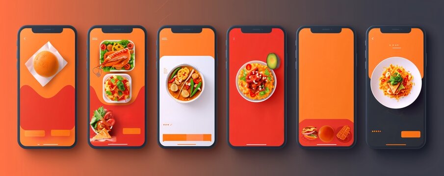 Modern food delivery mobile app kit template featuring a sleek user interface design, vibrant color scheme, and ample copy space for text, perfect for showcasing your food delivery service