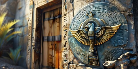 Obraz premium Ancient Egyptian hieroglyphs carved on old stone wall fictional artistic interpretation. Concept Artistic Interpretation, Ancient Egyptian Hieroglyphs, Carved Stone Wall, Fictional, Historical Art