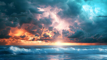 Dramatic cloud formations over a tranquil ocean at sunrise in the background
