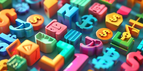 Fototapeta premium Design a convincingly realistic 3D illustration highlighting financial symbols. Employ detailed and accurate depictions of iconic financial representations, using realistic perspectives and colors