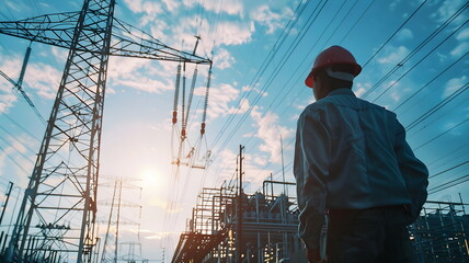 Engineer Power Plant Construction Sunset Industry Electrical Infrastructure