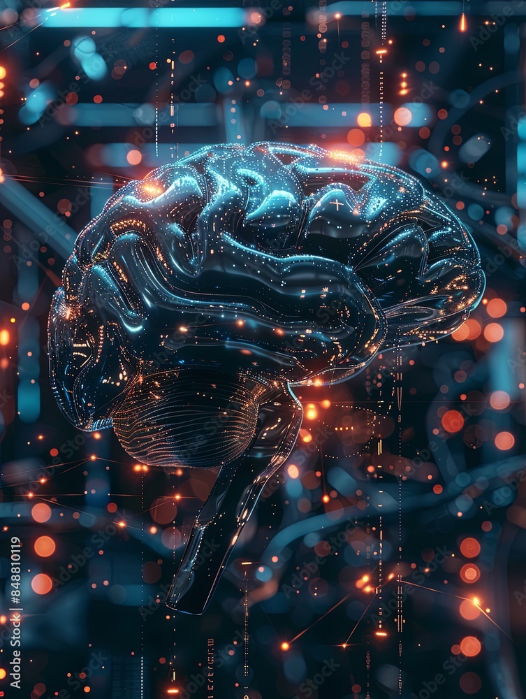 Poster a 3d rendering of a human brain intertwined with digital elements and neural networks, symbolizing t