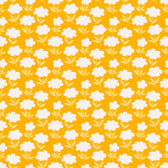 Ditsy style fabric, floral seamless pattern. Vintage decorative print with small white flowers and leaves on a yellow background. Vector illustration