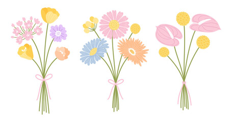 Set of bouquet wildflowers. Floral bunch. Flowers tied with ribbon, vector illustration. Meadow herbs, and wild plants for design projects